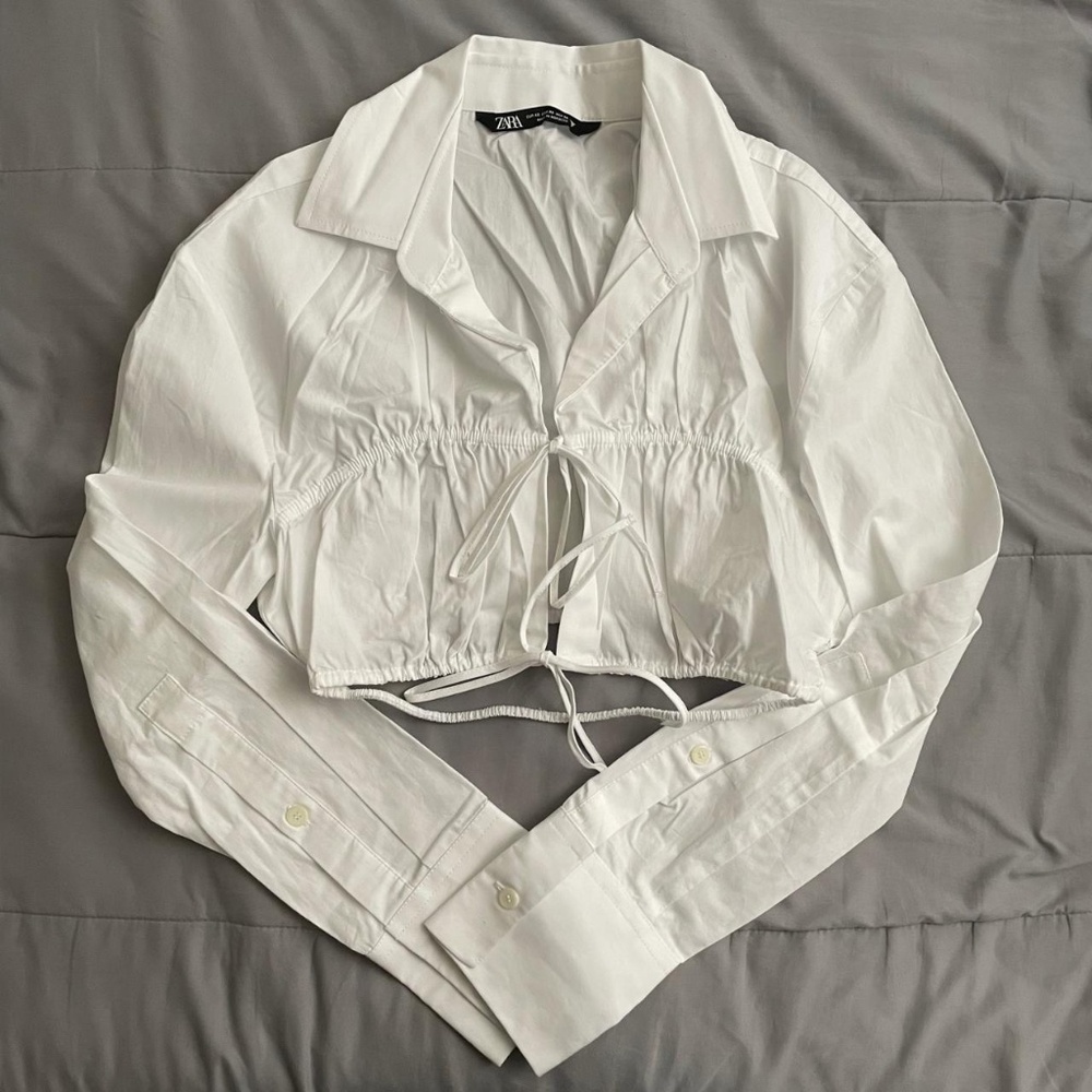 Zara White Cropped Poplin Shirt with Ties